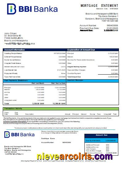 Bosnia and Herzegovina BBI Bank bank mortgage statement